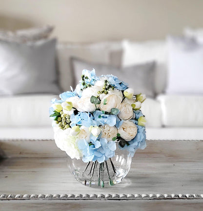 Artificial Hydrangea Peony Centerpiece Blue White Silk Flowers Glass Vase Arrangement Home Staging Essential Elegant Table Display Faux Floral Design Ivory Accent Blooms Realistic Water Effect Perfect Dining Room Centerpiece Maintenance