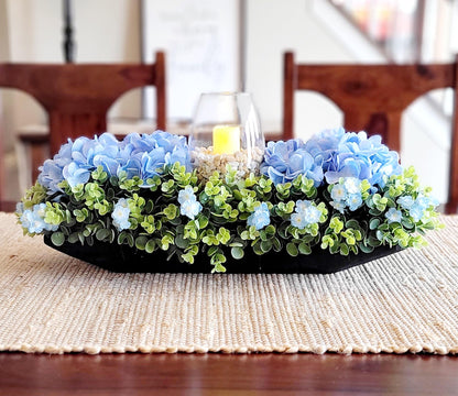 Candle Centerpiece Candle Arrangement Farmhouse Decor Blue Hydrangea Arrangement Greenery Arrangement Rustic Table Decor Dining table