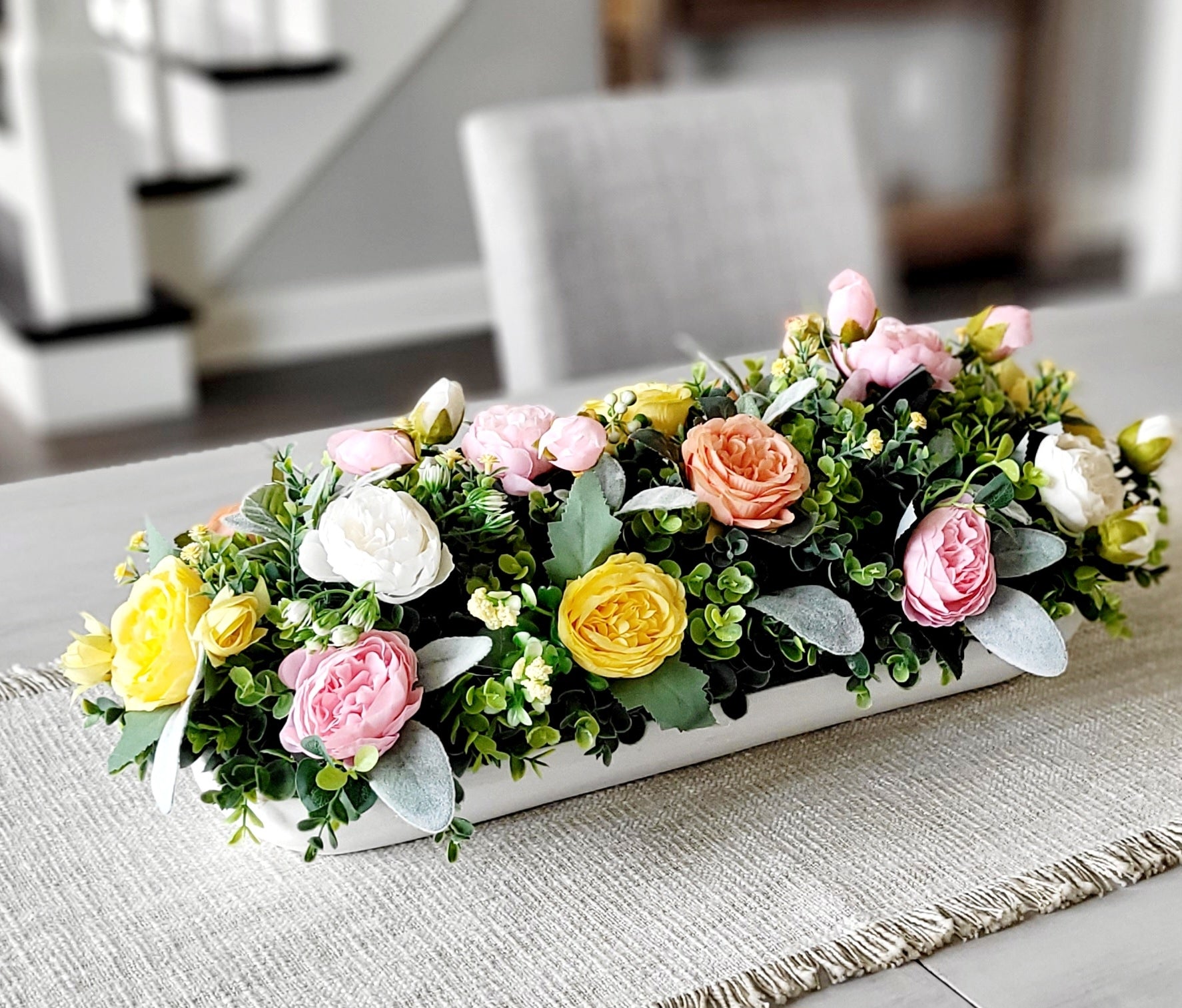 Faux Peony Flower Centerpiece Silk Rose Arrangement Rustic Dough Bowl Display Peach Pastel Blossoms Artificial Greenery Collection Farmhouse Dining Table Styling Elegant Mantle Piece Ready Made Design No Maintenance Required Perfect Wedding