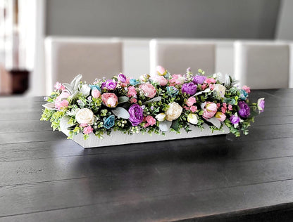 Purple Floral Centerpiece Silk Flower Arrangement Turquoise Dough Bowl Decorative Table Display Artificial Peony Design Pink Purple Blooms Elegant Home Decor Dining Room Accent Piece Farmhouse Style Decoration Ready To Display Wooden Bowl