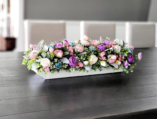 Purple Floral Centerpiece Silk Flower Arrangement Turquoise Dough Bowl Decorative Table Display Artificial Peony Design Pink Purple Blooms Elegant Home Decor Dining Room Accent Piece Farmhouse Style Decoration Ready To Display Wooden Bowl