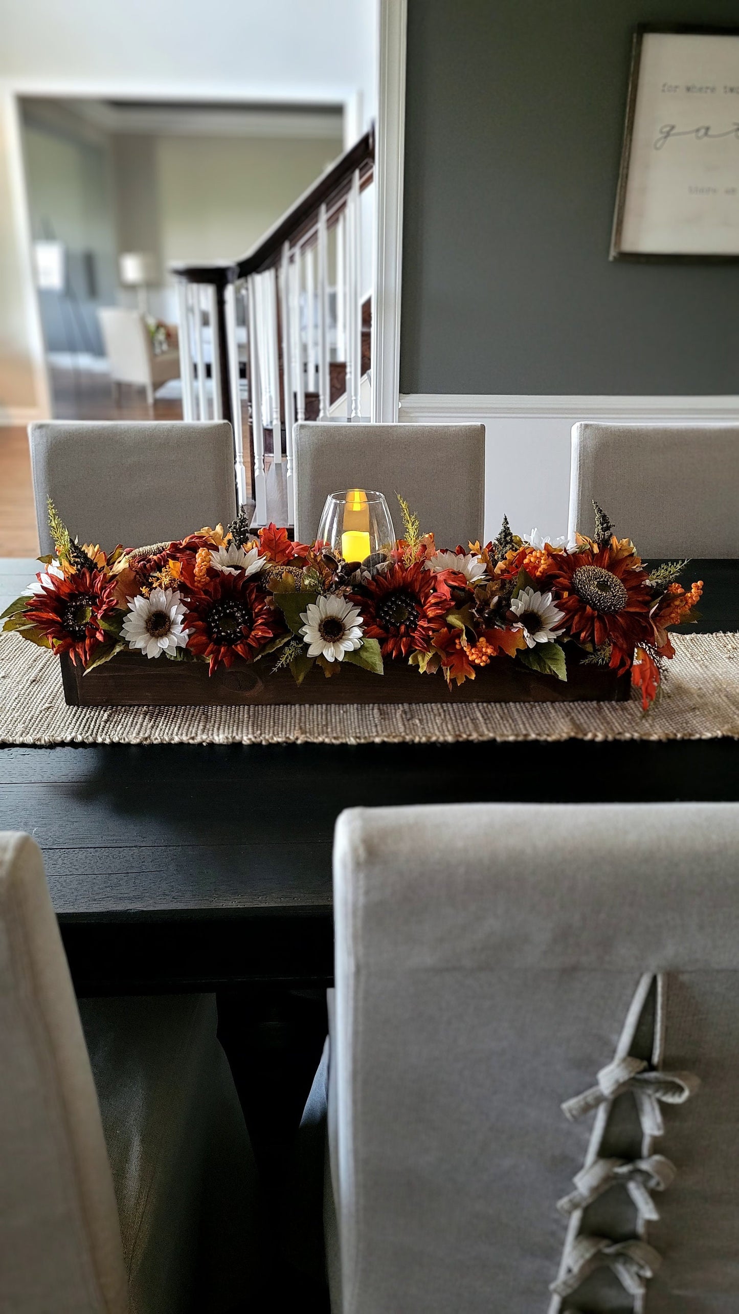 Fall farmhouse dining table arrangement Sunflower table centerpiece Rustic long box floral arrangement mantle fall decor candle centerpiece