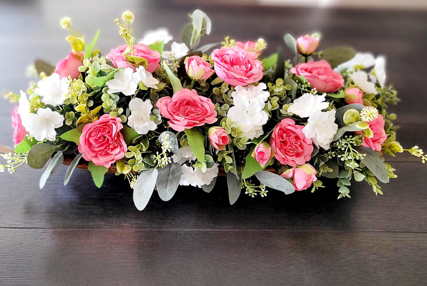 Dough Bowl Pink Peony Flower centerpiece farmhouse kitchen table decor pink rose arrangement gift Mom gift her floral gift her faux peony