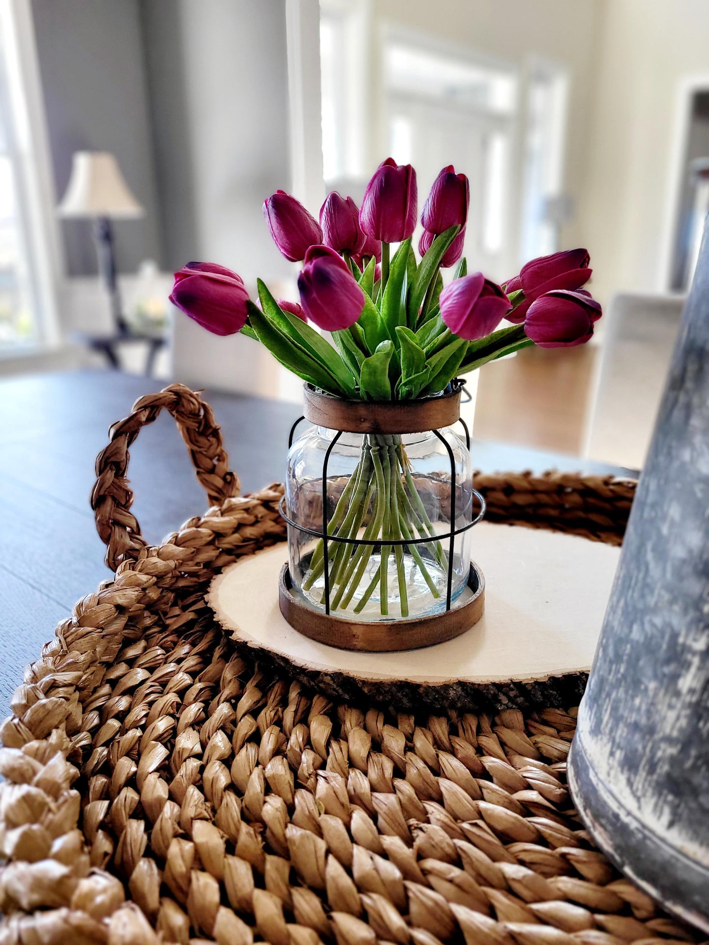 Spring Floral Arrangement Tulip Table Centerpiece Easter Dining Decoration Farmhouse Lantern Design Silk Faux Flowers Artificial Greenery Glass Vase Realistic Blooms Seasonal Colors Table Display Holiday Celebration Decor Fresh Vibrant