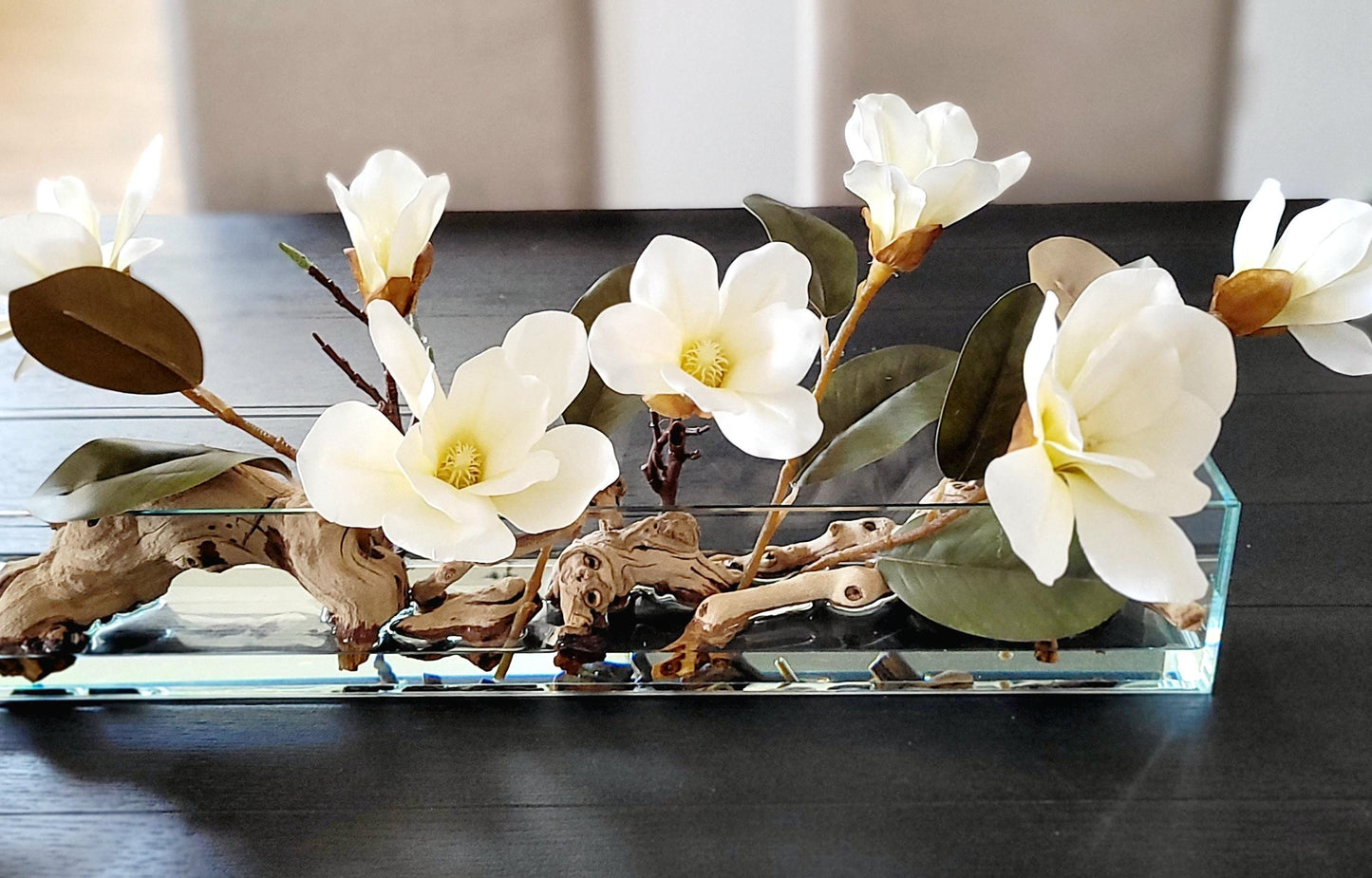 Glass Vase Centerpiece – Elegant Silk Magnolia Arrangement for Dining Table & Mantle