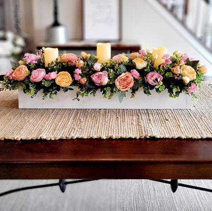 Dining Room Arrangement Peony Silk Flower Coral Flowers Peach Flower Arrangement Spring Table Decor Wood Box Table Centerpiece With Candles