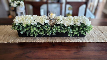 Hydrangea Wood Box Centerpiece For Dining Table Centerpiece For Dining Table Flower Arrangement Mantel Centerpiece Flowers Hydrangea Flower