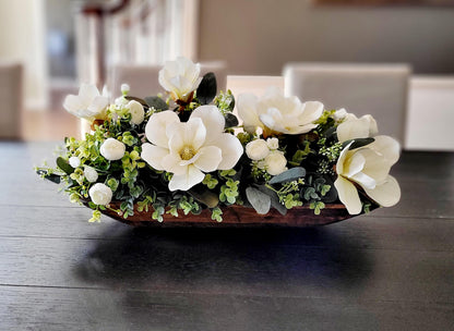 Dough Bowl Centerpiece – Silk Magnolia Arrangement for Elegant Dining Table Decor