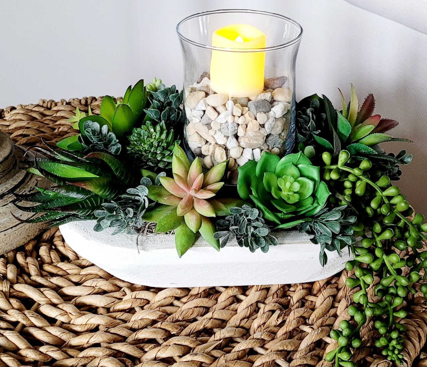 Faux Succulent Arrangement – Modern Wood Bowl Centerpiece Gift