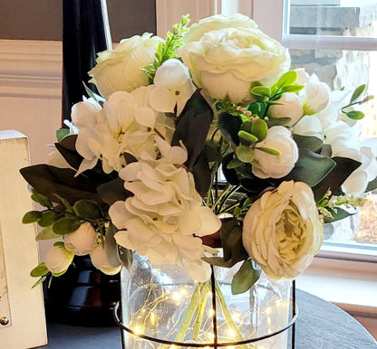 Farmhouse Lantern Decor – Illuminated Peony Arrangement Year Round Table Centerpiece