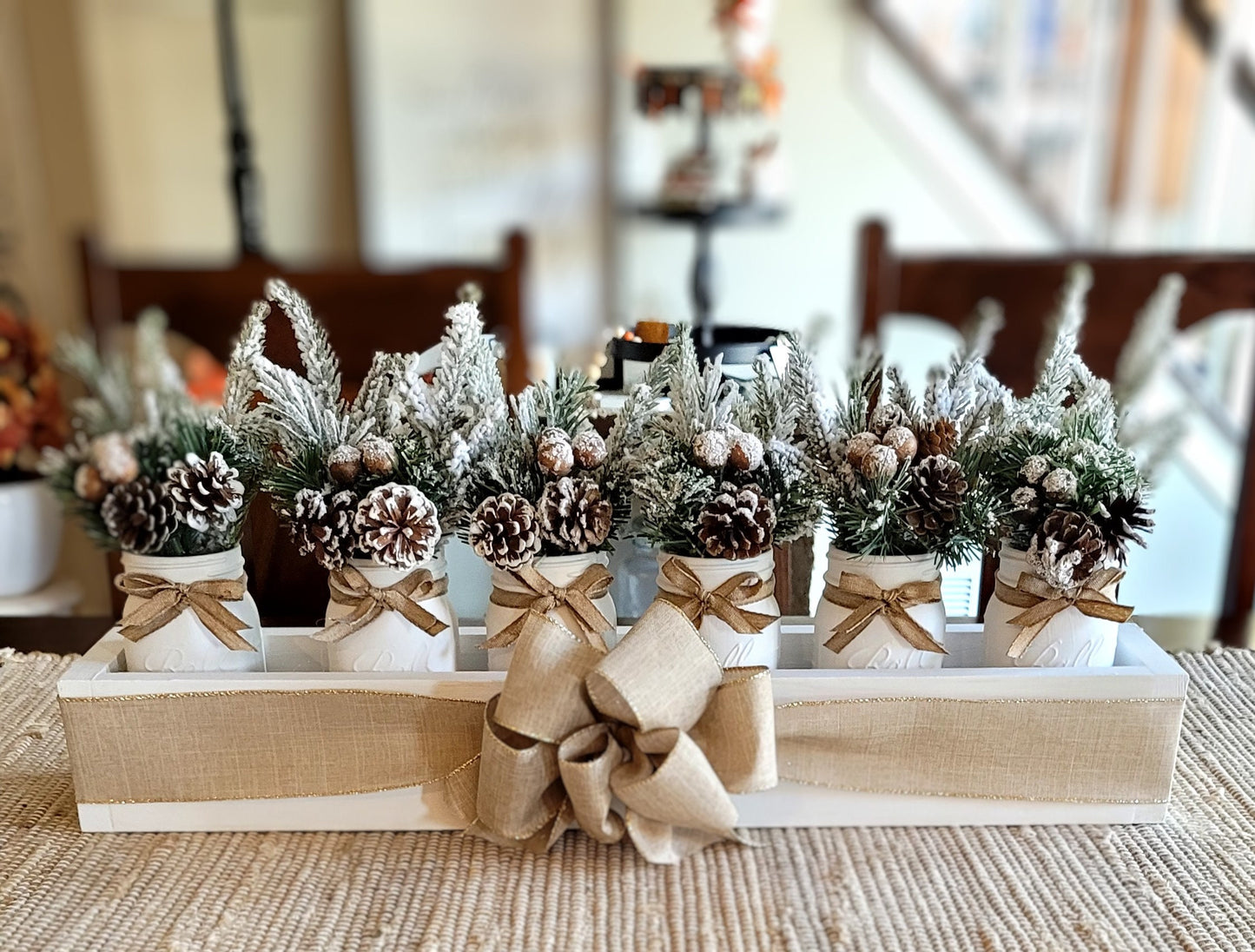 Farmhouse Mason Jar Wood Box Centerpiece Mantle Wood box Arrangement Christmas Dining Table Arrangement Holiday Table Arrangement Long Box