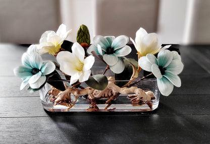 Dining Table Centerpiece – Blue Magnolia Arrangement in Long Glass Vase