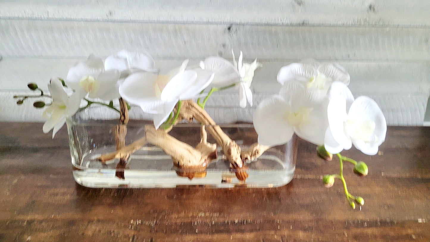 Modern Orchid Centerpiece Dining Table Glass Vase Orchid Arrangement Long Glass Vase Drift Wood Flower Arrangement Modern Style Floral
