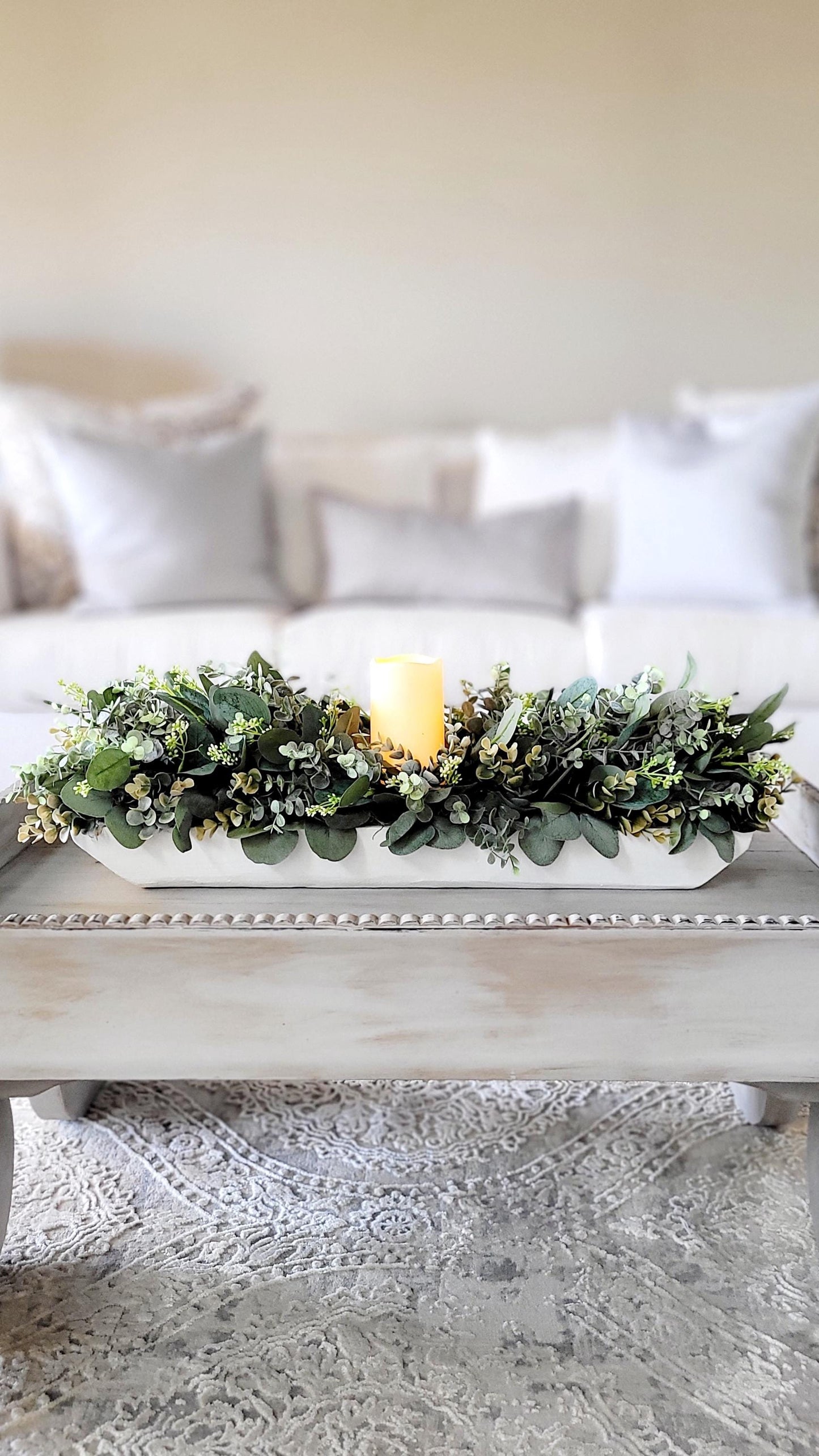Dining Room Table Arrangement Dough Bowl Farmhouse Table Decor Greenery Spring style Centerpiece candle arrangement greenery kitchen decor