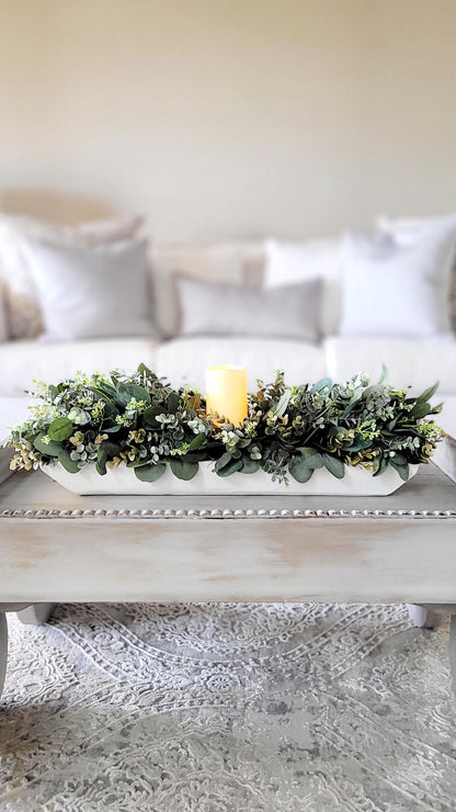 Dining Room Table Arrangement Dough Bowl Farmhouse Table Decor Greenery Spring style Centerpiece candle arrangement greenery kitchen decor