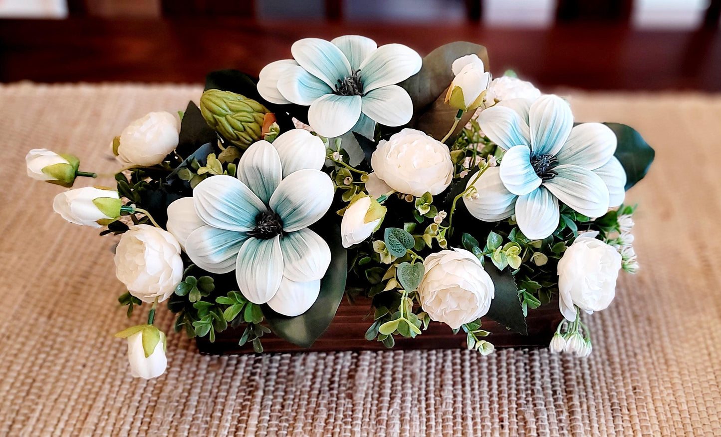 Dining Table Centerpiece – Rustic Wood Box with Magnolia Peony Silk Flower Arrangement
