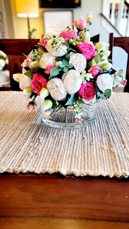 Glass Vase Flower Display Artificial Peony Centerpiece Pink Silk Arrangement Realistic Water Effect Collection Lifelike Bloom Details Wedding Reception Styling Bridal Shower Table Arrangement Romantic Home Display Maintenance Free Floral