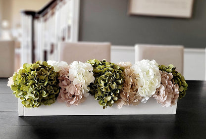 Dining table arrangement hydrangea floral centerpiece coffee table decor sage green flower decor wedding arrangement bridal flower wood box