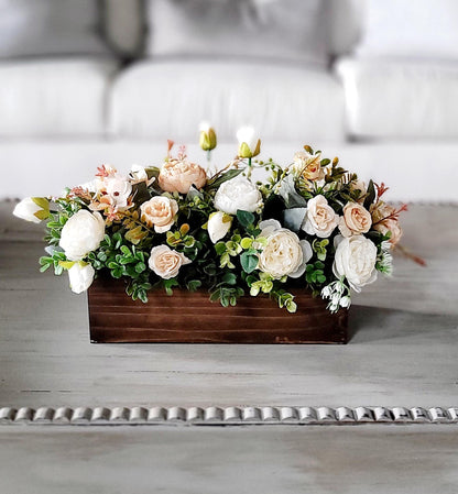 Rustic Table Centerpiece – Farmhouse Wood Box with Silk Flowers and Greenery