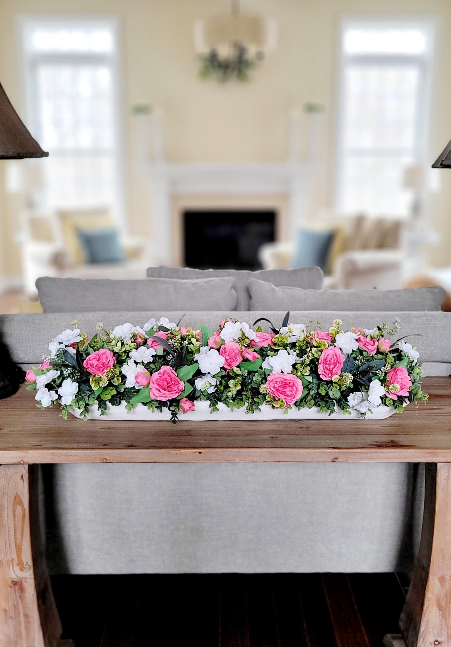 Versatile Rose Arrangement Pink White Floral Centerpiece Dough Bowl Design Perfect Table Mantle Accent Beautiful Home Decoration Artificial Silk Flowers Realistic Looking Display Long Narrow Shape Elegant Style Decor Maintenance Free Beauty