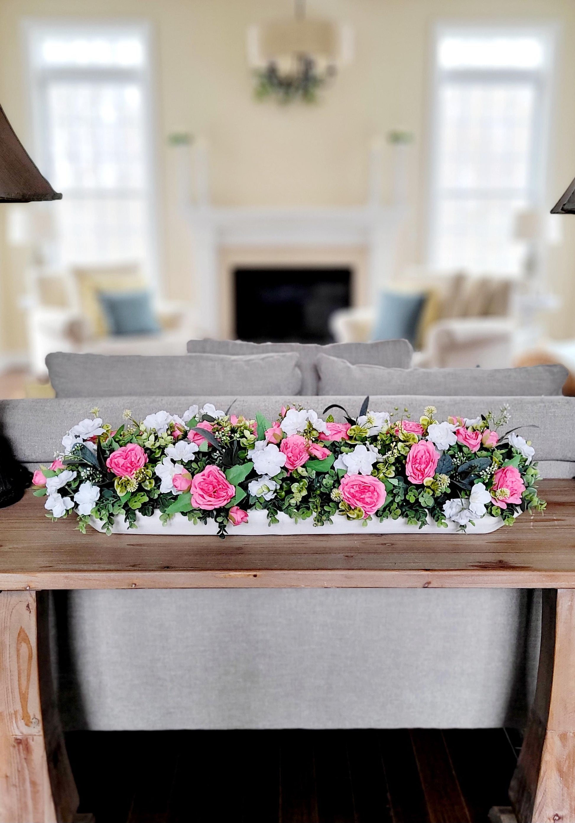 Versatile Rose Arrangement Pink White Floral Centerpiece Dough Bowl Design Perfect Table Mantle Accent Beautiful Home Decoration Artificial Silk Flowers Realistic Looking Display Long Narrow Shape Elegant Style Decor Maintenance Free Beauty
