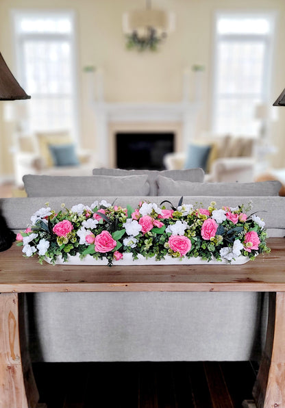 Versatile Rose Arrangement Pink White Floral Centerpiece Dough Bowl Design Perfect Table Mantle Accent Beautiful Home Decoration Artificial Silk Flowers Realistic Looking Display Long Narrow Shape Elegant Style Decor Maintenance Free Beauty