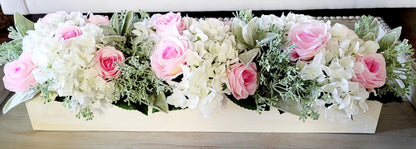 Dining Table Centerpiece – Pink Rose and Hydrangea Arrangement in Wooden Box