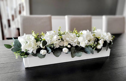Farmhouse Table Centerpiece – White Hydrangea Arrangement in Wooden Box