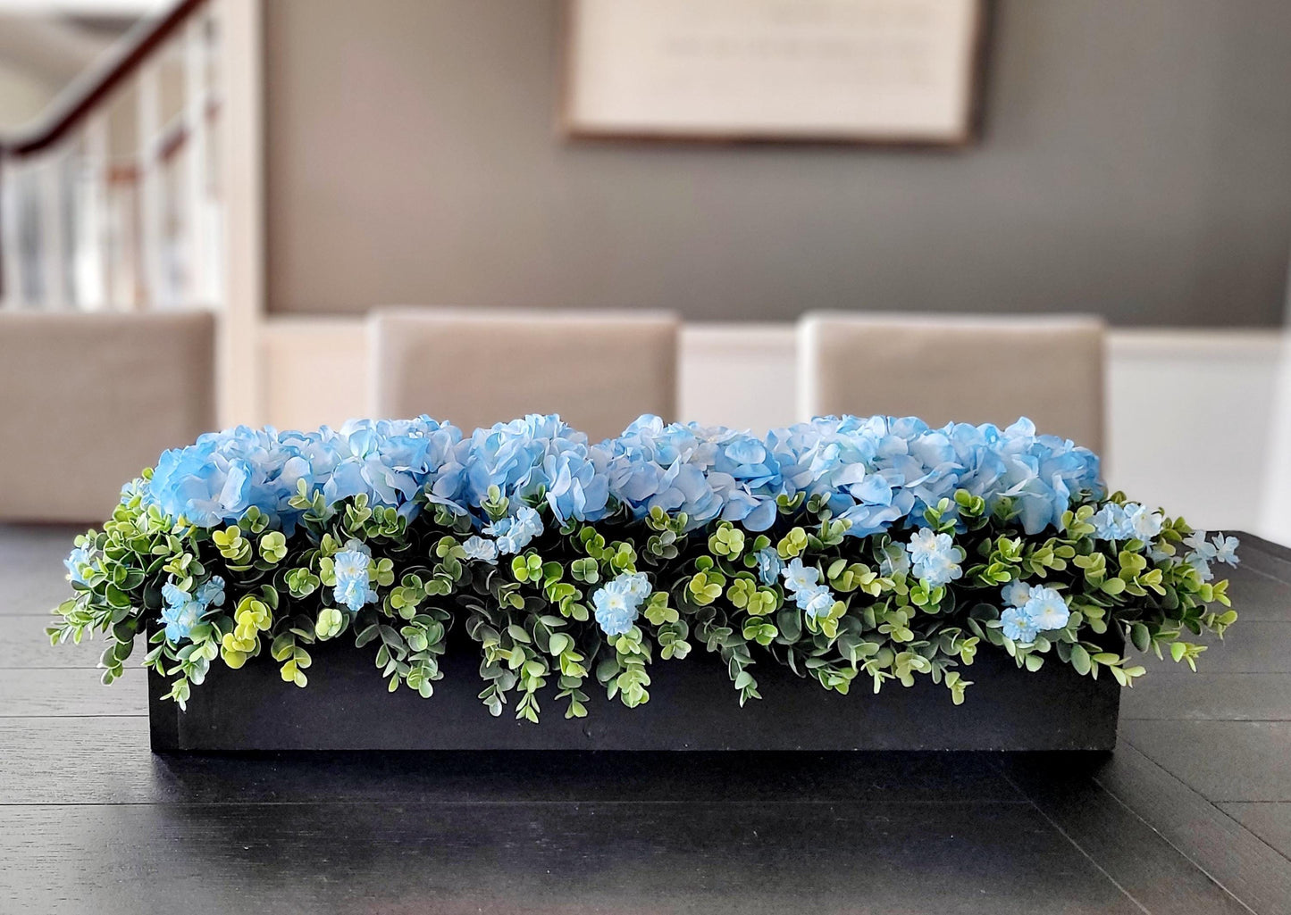 Blue Hydrangea Farmhouse Arrangement Large Dining Room Table Decor Faux Hydrangea Box Arrangement Greenery Arrangement Country Table Decor