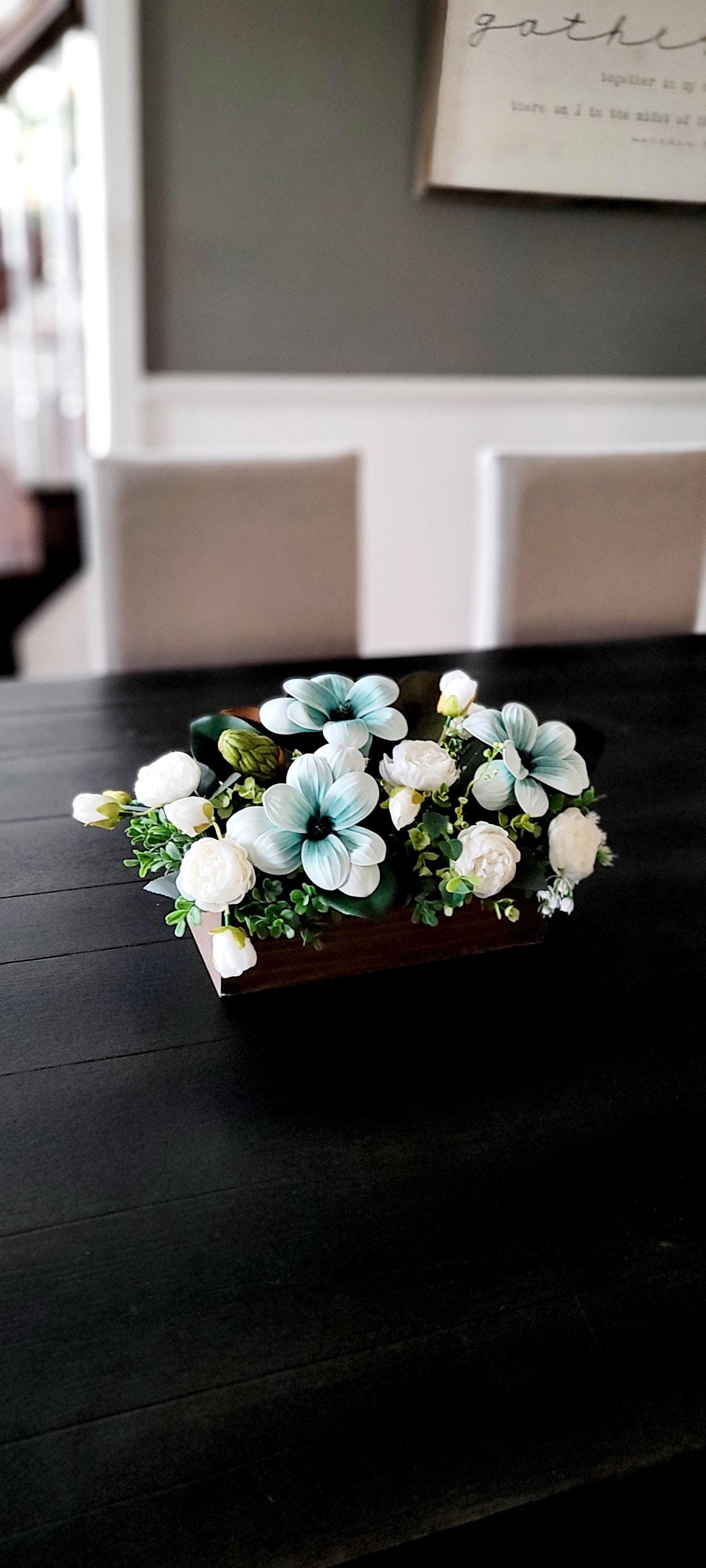 Dining Table Centerpiece – Rustic Wood Box with Magnolia Peony Silk Flower Arrangement