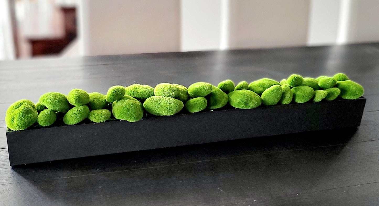 Modern Faux Moss Display Long Narrow Box Centerpiece Dining Table Decoration Contemporary Home Accent Realistic Green Elements Stylish Tabletop Design Perfect Dining Room Addition Natural Looking Arrangement Indoor Decor Piece Elegant