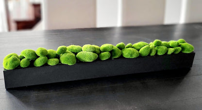 Modern Faux Moss Display Long Narrow Box Centerpiece Dining Table Decoration Contemporary Home Accent Realistic Green Elements Stylish Tabletop Design Perfect Dining Room Addition Natural Looking Arrangement Indoor Decor Piece Elegant
