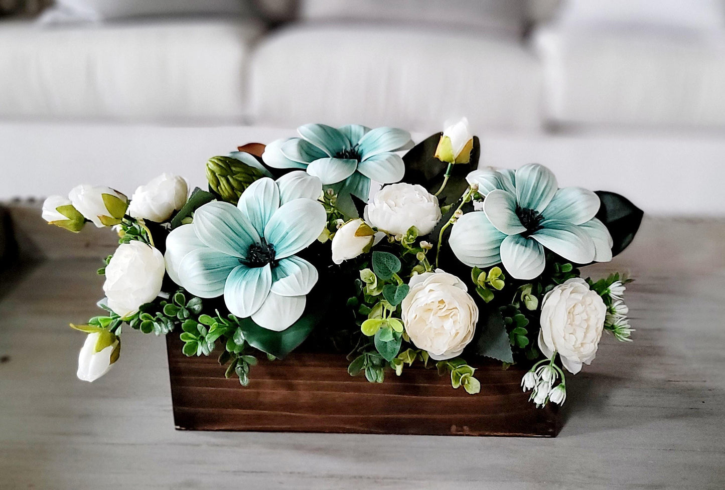 Dining Table Centerpiece – Rustic Wood Box with Magnolia Peony Silk Flower Arrangement
