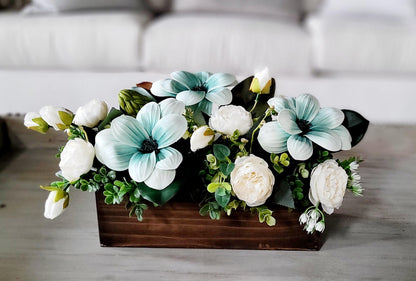 Dining Table Centerpiece – Rustic Wood Box with Magnolia Peony Silk Flower Arrangement