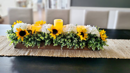 Sunflower Fall Table Arrangement Fall Sunflower Faux White Hydrangea Arrangement Dining Fall Decor Flame-less Candle Fall Table Decor Fall