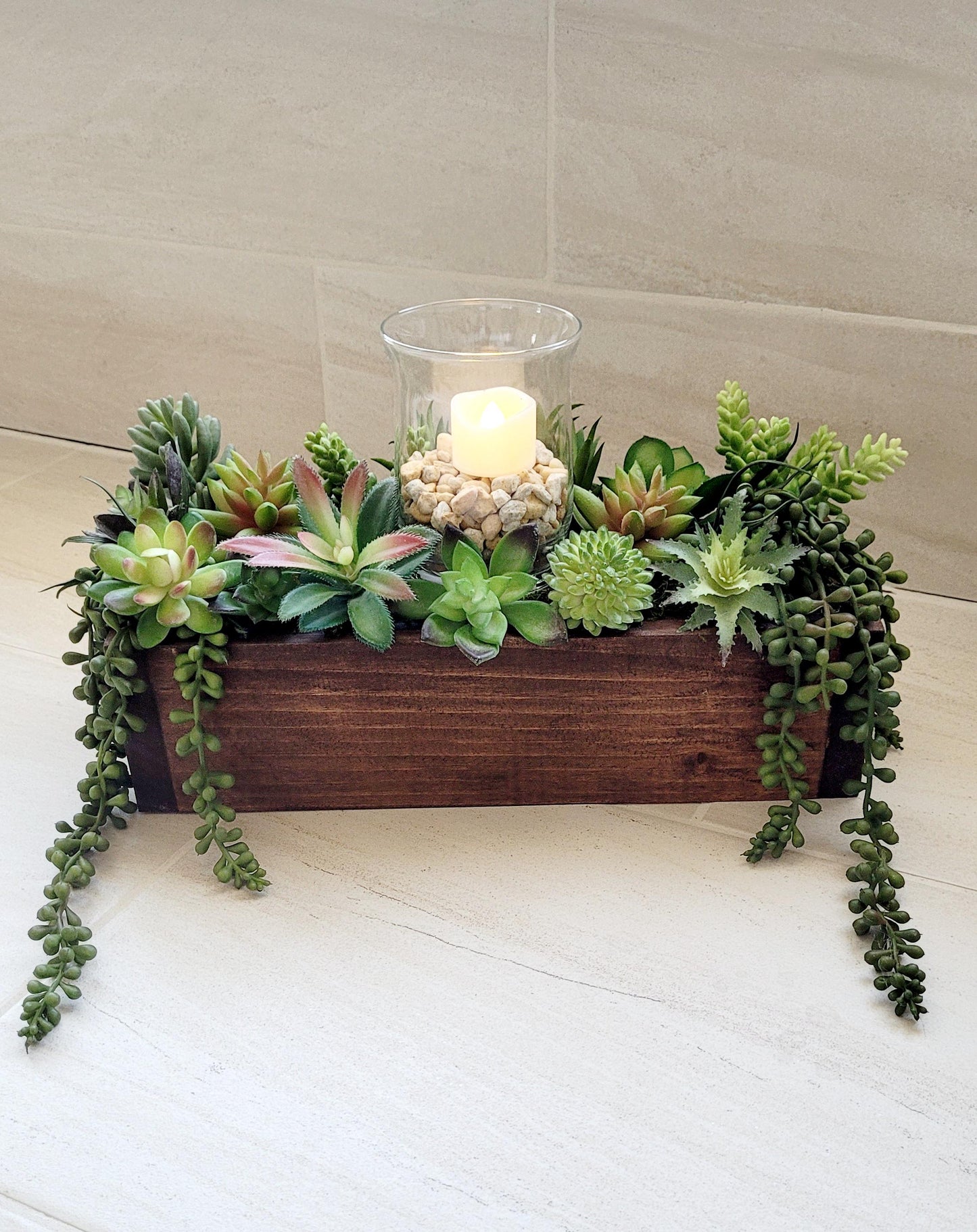 Farmhouse style long 25” Spring table arrangement in wood planter box Spring succulents in wood box mantle box Succulents arrangement