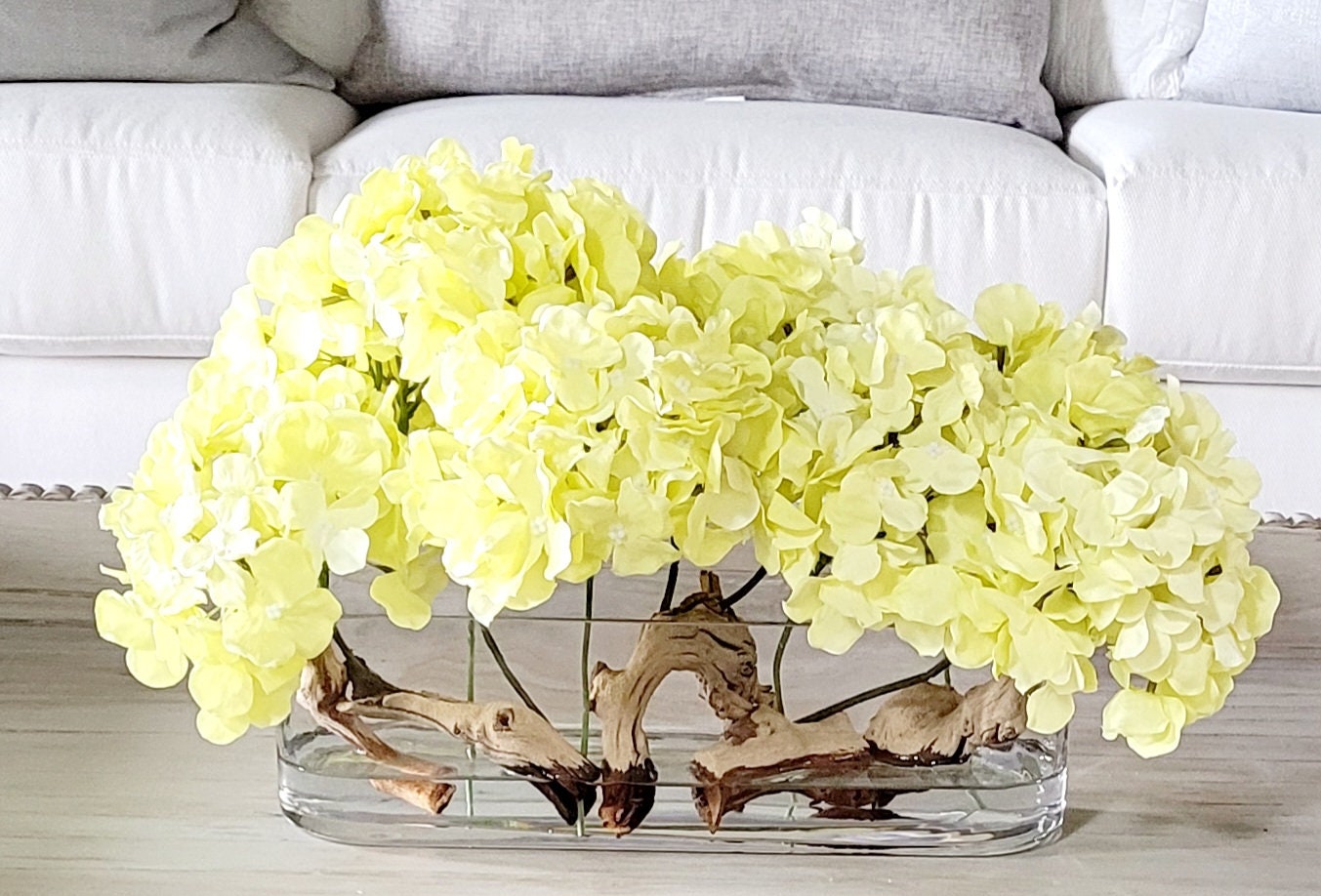 Elegant Gift Hydrangea Arrangement Dining Table Centerpiece Glass Vase Design French Country Style Artificial Flower Display Beautiful Home Decor Perfect Housewarming Present Anniversary Gift Idea Hostess Gift Option Realistic Silk Blooms