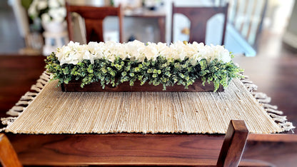 White Hydrangea Arrangement Neutral Color Palette Farmhouse Wooden Box Centerpiece Elegant Table Decoration Cream Mint Green Accents Rustic Home Styling Wedding Reception Decor Handmade Floral Design Long Planter Box Display Versatile