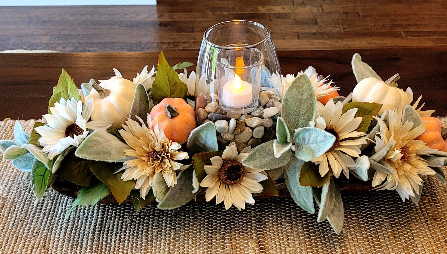 Fall Dough Bowl Arrangement Fall Flowers Candle Centerpiece Fall Arrangement Hand Carved Dough Bowl Sunflower Table Arrangement Fall Floral