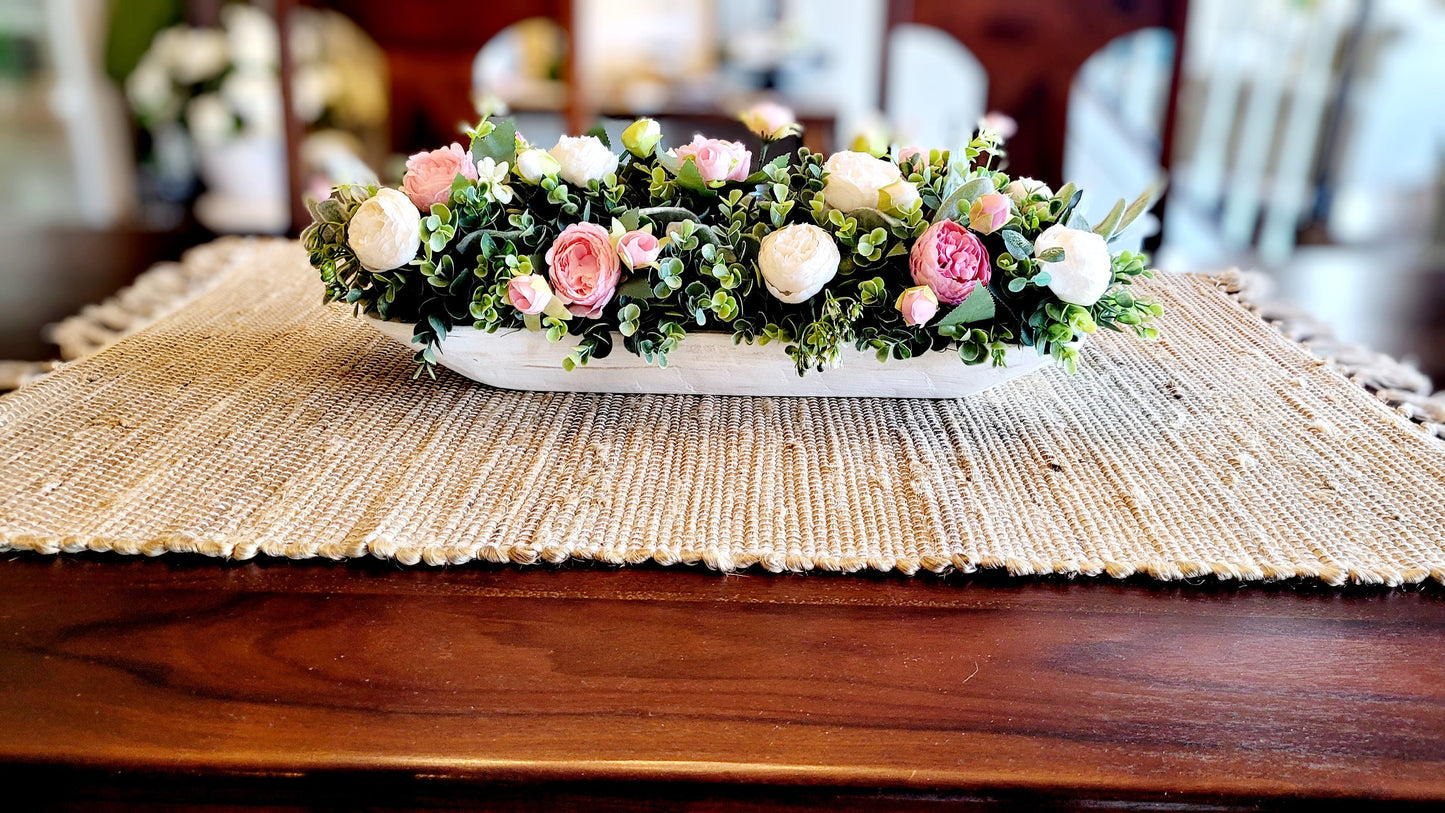 Dough Bowl Centerpiece – Handcarved Whitewash Silk Peony Farmhouse Arrangement