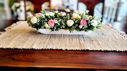 Dough Bowl Centerpiece – Handcarved Whitewash Silk Peony Farmhouse Arrangement