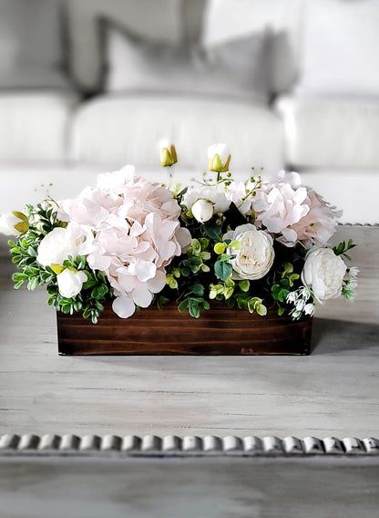 Flower Arrangement Peony Silk Flower Red  Flower centerpiece Spring Table Decor Wood Box Table Centerpiece Hydrangea Flower Gift new home