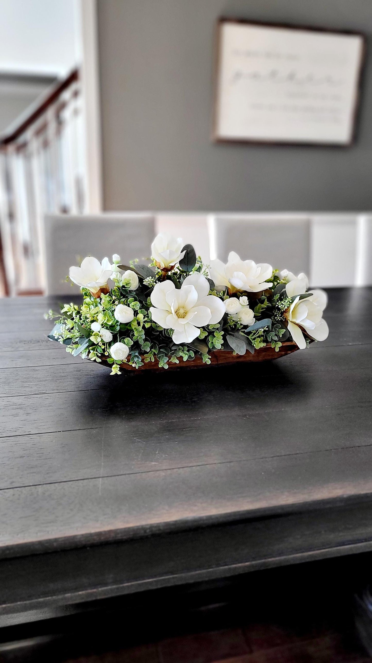 Housewarming Gift Idea Dough Bowl Centerpiece Magnolia Arrangement Design Elegant Home Accent Silk Floral Display Custom Wooden Bowl Creation Dining Table Styling Feature Farmhouse Decor Element Kitchen Table Focal Point Artificial Flower