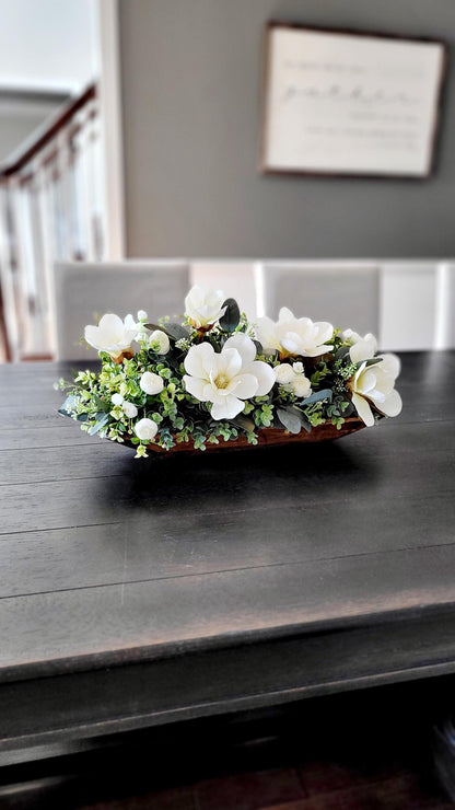 Housewarming Gift Idea Dough Bowl Centerpiece Magnolia Arrangement Design Elegant Home Accent Silk Floral Display Custom Wooden Bowl Creation Dining Table Styling Feature Farmhouse Decor Element Kitchen Table Focal Point Artificial Flower