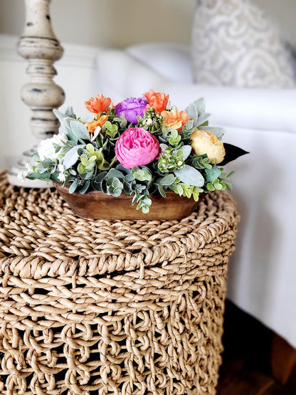Dough Bowl Centerpiece – Handcarved Wooden Bowl with Realistic Cream Peonies