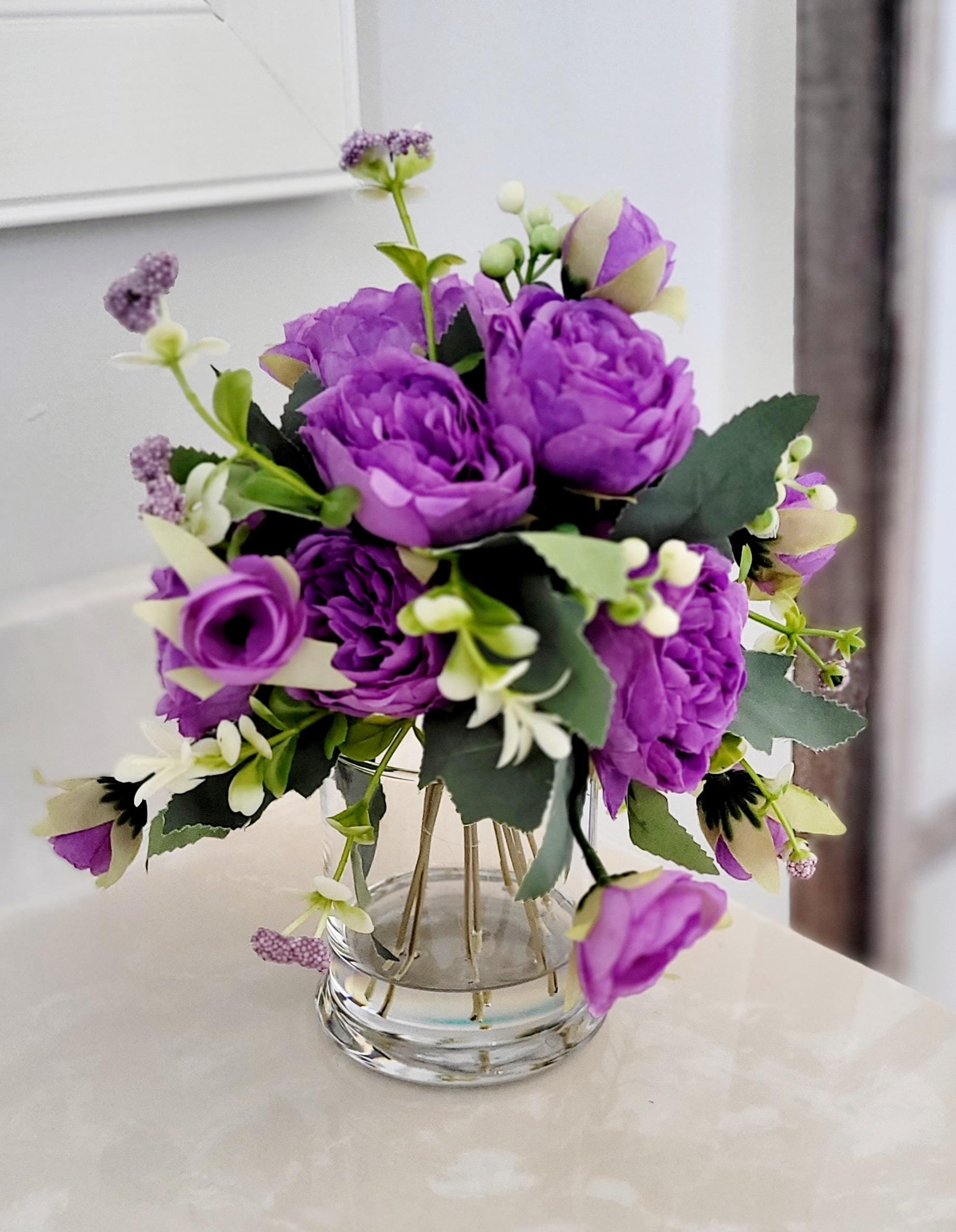 Glass Vase Peony Arrangement Silk Faux Flowers Realistic Botanical Display Centerpiece Collection Living Room Bedroom Office Styling Maintenance Free Lasting Beauty Perfect Housewarming Gift Mother Day Present Ready To Display Modern