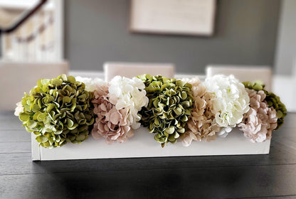 Dining table arrangement hydrangea floral centerpiece coffee table decor sage green flower decor wedding arrangement bridal flower wood box