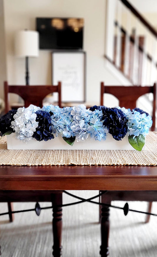 Navy Blue Flower Blue Hydrangea Arrangement French country Decor wood box Arrangement Blue Flower Centerpiece Blue white Floral Arrangement