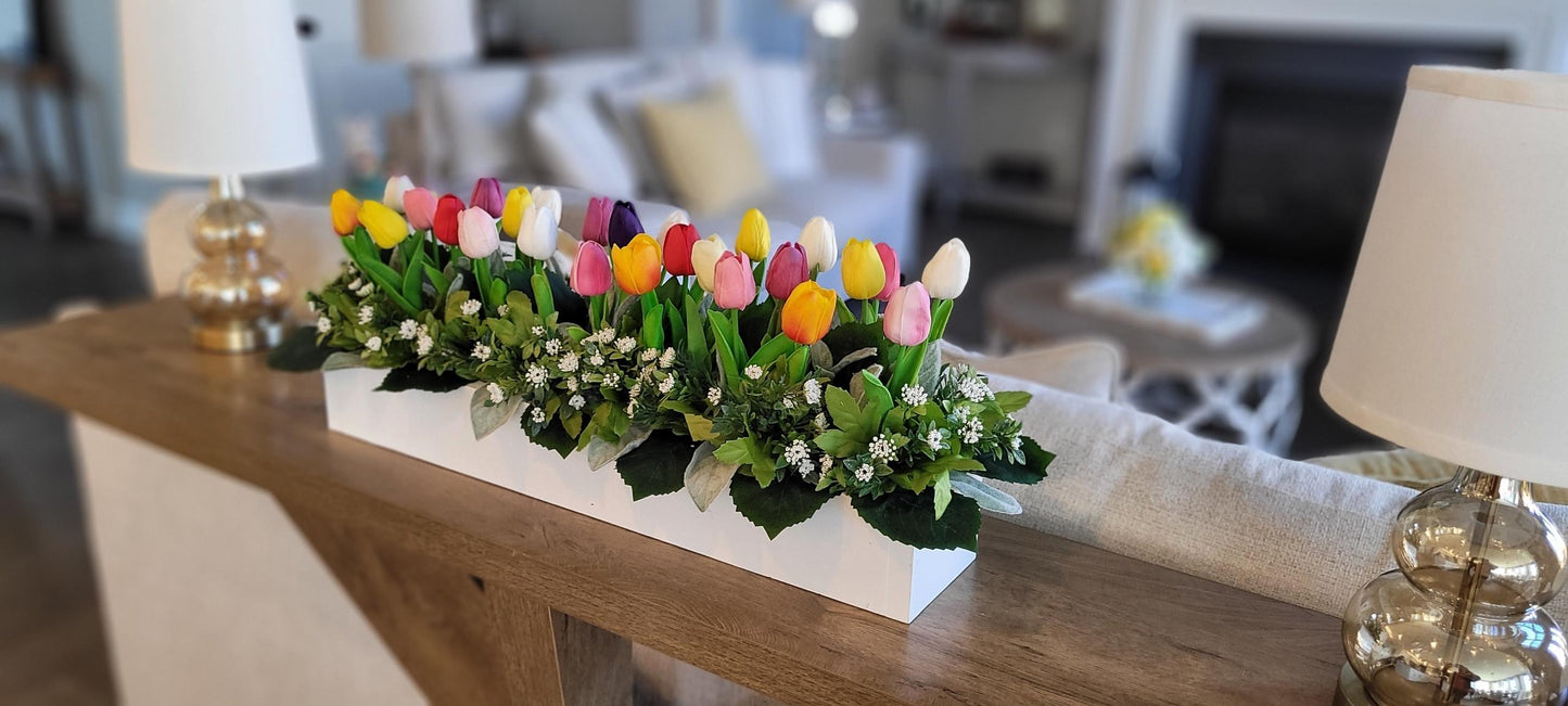 Farmhouse Tulip Centerpiece – Realistic Spring Flowers in Wooden Box