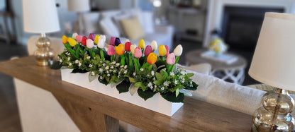 Farmhouse Tulip Centerpiece – Realistic Spring Flowers in Wooden Box